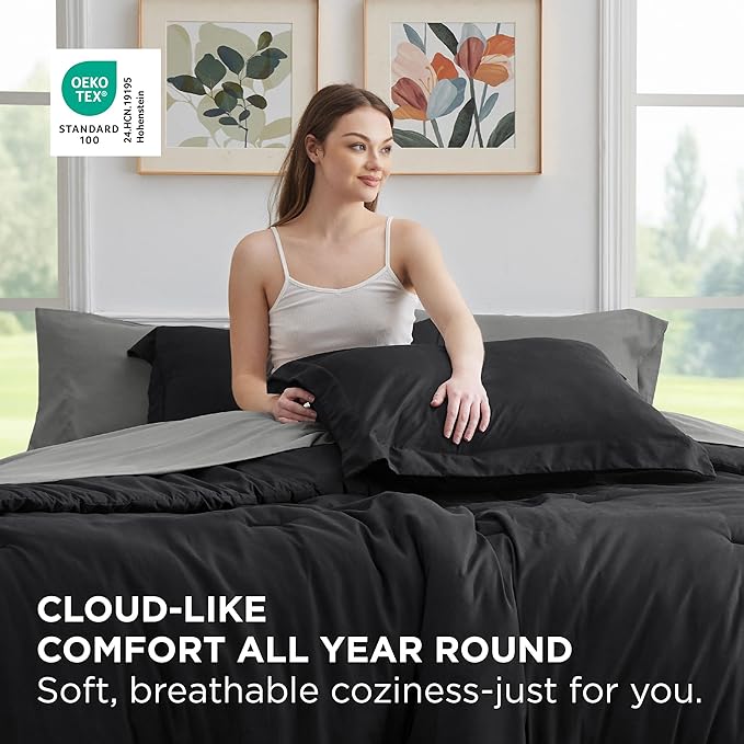 Bedsure King Size Comforter Set - 7 Pieces Black King Bedding Set for All Seasons, Boho Contrasting Design Bed in a Bag with Comforter, Sheets, Pillowcases & Shams