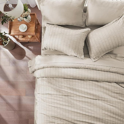 Zzlpp Twin Comforter Set 5 Pieces, Beige Seersucker Bed in a Bag with Comforter and Sheets, All Season Bedding Sets with 1 Comforter, 1 Pillow Sham, 1 Pillowcase, 1 Flat Sheet, 1 Fitted Sheet