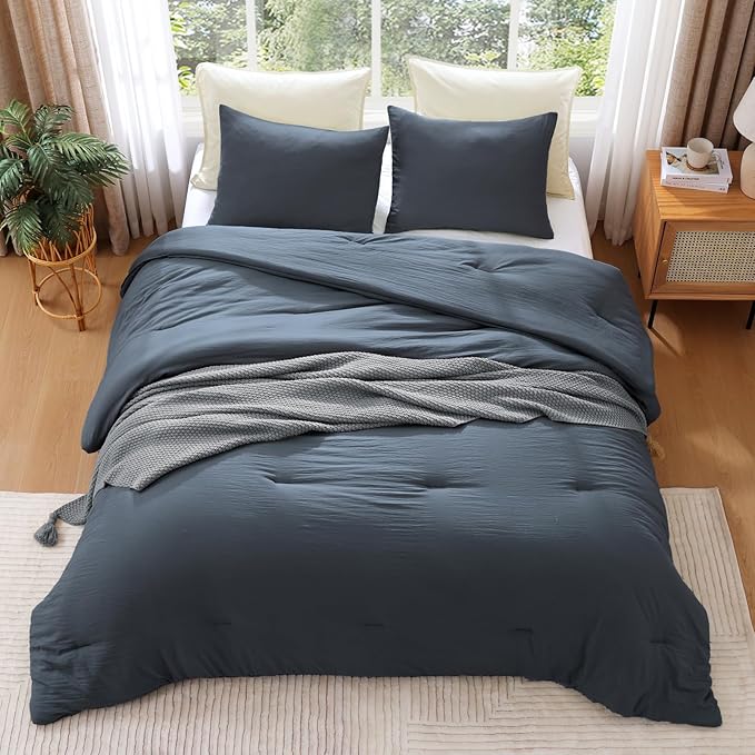 WRENSONGE Full Size Comforter Sets - 3 Pieces Blue Grey Comforter Prewashed Soft Lightweight for All Seasons, Fluffy Down Alternative Comforter Full Size with 2 Pillow Shams