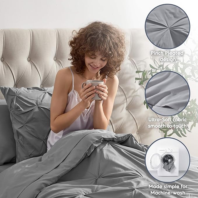 Nestl Twin Comforter Set 5 Piece - Pintuck Twin Bedding Sets Grey, College Dorm Room Essentials for Girls and Boys Bed in a Bag Twin All Season, Twin Comforter Set with Sheets, Pillowcase and Sham