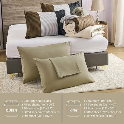 Anibedding 7 Pieces Striped King Size Comforter Set, Brown Black Soft Microfiber Down Alternative Farmhouse Bedding All Season with Comforter, Pillow Shams, Flat Sheet, Fitted Sheet and Pillowcases