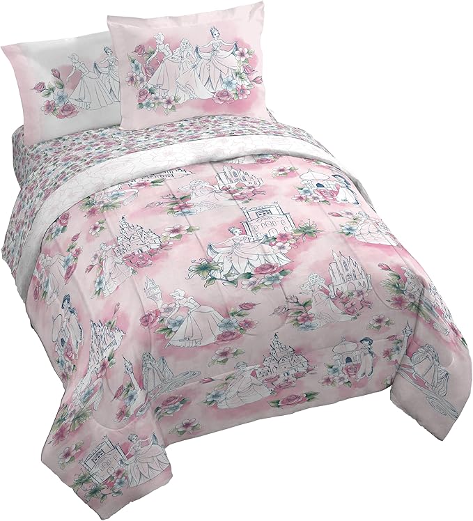 Jay Franco Kids Comforter Set Includes Sheets and Pillow Covers - Soft and Cozy Bed Set for Stylish Room Decor, Pink - Disney Princess, 7 Piece King Bedding