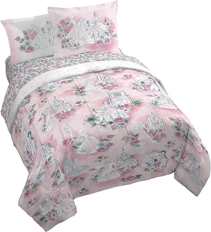 Jay Franco Kids Comforter Set Includes Sheets and Pillow Covers - Soft and Cozy Bed Set for Stylish Room Decor, Pink - Disney Princess, 7 Piece King Bedding