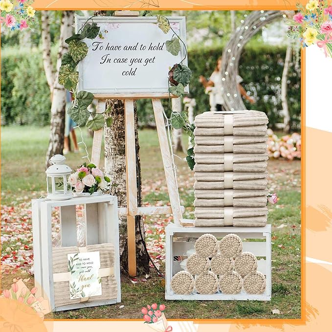 Buryeah 24 Pcs Wedding Flannel Fleece Throw Blanket Bulk with Thank You Card and Ribbon, 50 x 60 in Oeko-TEX Standard 100 Certified Blankets Outdoor Wedding, Guest Party Souvenirs (Khaki)
