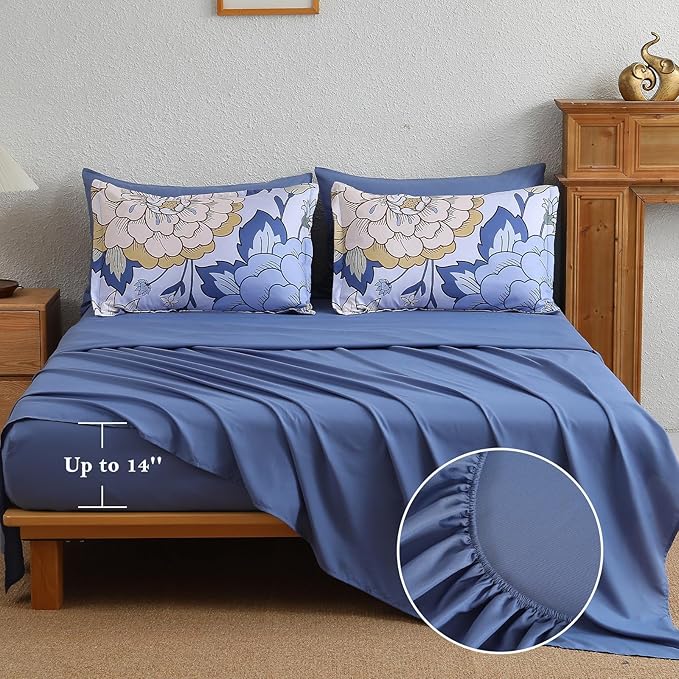 DJY 7 Pieces Blue Floral Comforter Set Queen Size Botanical Bed in a Bag, Soft Microfiber Boho Farmhouse Bedding Floral Comforter with Sheets Set for All Season (104''x90'')