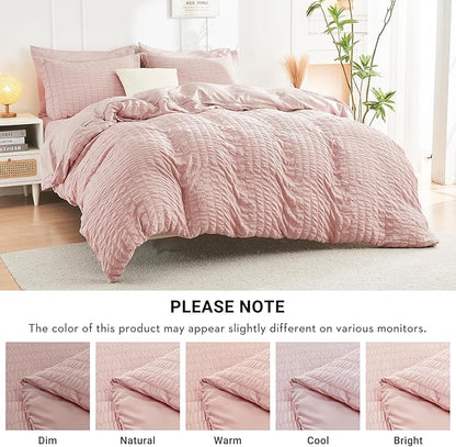 HYMOKEGE Rose Gold King Size Comforter Set Seersucker 7 Pieces, All Season Luxury Bed in a Bag for Bedroom, Bedding Set with Comforters, Sheets, Pillowcases & Shams