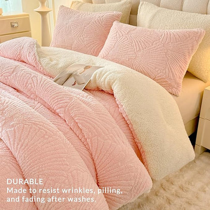 Seashell Jacquard Sherpa Comforter Set Warm Cozy Premium Bedding 3 Pieces, Full/Queen Size Geometric Pattern Quilt Comforter with 2 Pillowcases(90"X90" Light Pink)