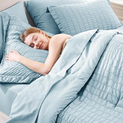 CozyLux King Size Comforter Set Light Blue Seersucker 7 Pieces Bed in a Bag King Comforter Set with Sheets, Luxury Bedding Set with Down Alternative Comforter, Sheets, Pillowcases & Shams All Seasons
