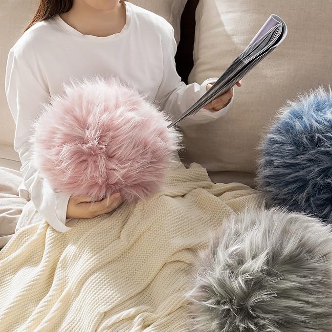 Ashler Plush Round Pillows, Ball Throw Pillow with Handle, Faux Fox Fur Luxury Soft Decorative Cushion, Modern Home Decor Fluffy Round Pillow for Sofa, Bed, Chair, Light Pink, 9 x 9 inch