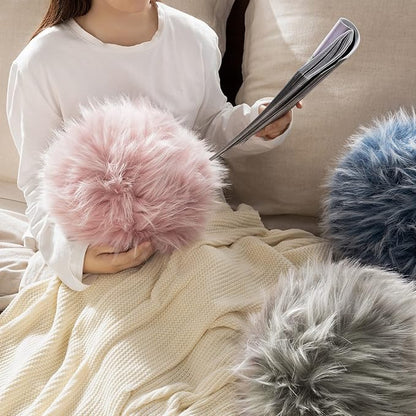 Ashler Plush Round Pillows, Ball Throw Pillow with Handle, Faux Fur Luxury Soft Decorative Cushion, Modern Home Decor Fluffy Round Pillow for Sofa, Bed, Chair, Light Pink, 9 x 9 inch
