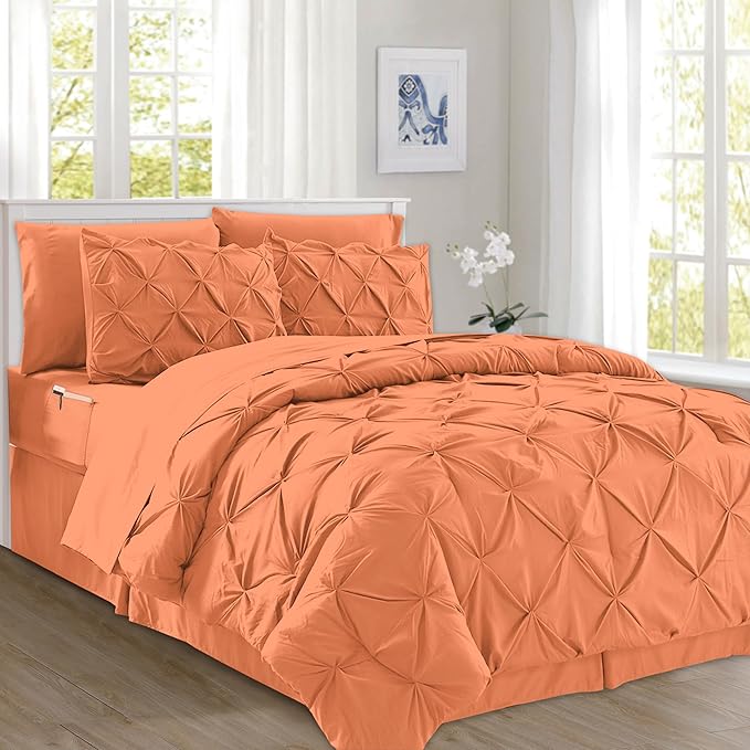Elegant Comfort 8-Piece Pinch Pleated Comforter Set - All Season Complete Bed in a Bag, Includes 4pc Smart Sheet Set, Bed Skirt, Comforter, Matching Pillowcases and Shams, Twin/Twin XL, Coral
