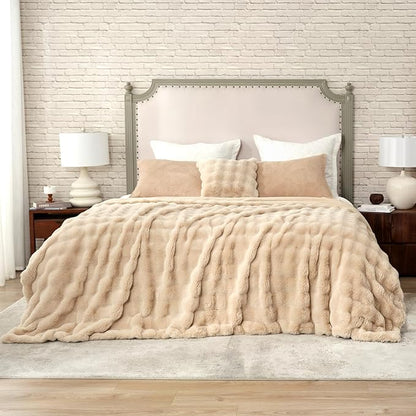 Cozy Bliss Faux Fur Throw Blanket for Couch, Bubble Plush Blanket King Size, Fuzzy Soft & Thick Blanket for Bed Sofa Living Room, 108x90 Inches Beige