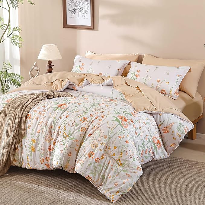 Yiran Coral Orange Watercolour Floral Comforter Set King Size, 7 Piece Cute Botanical Comforter Bedding Set, Bed in a Bag King, Soft Microfiber Complete Bedding Set with Sheets for All Season