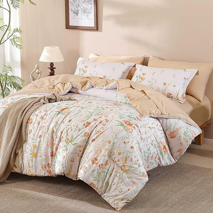Yiran Coral Orange Watercolour Floral Comforter Set King Size, 7 Piece Cute Botanical Comforter Bedding Set, Bed in a Bag King, Soft Microfiber Complete Bedding Set with Sheets for All Season