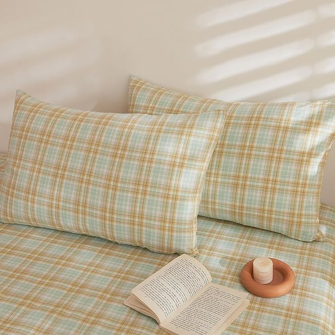 HighBuy Green Khaki Plaid Comforter Set Twin XL Modern Chic Gingham Bed Comforter with 2 Pillowcases Vintage Checkered Grid Fluffy Comforter Sets for Teen Girls,Breathable Comfy Farmhouse