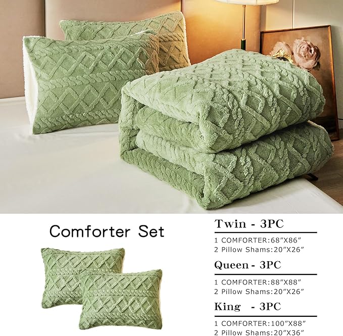 Joyreap 3-Piece Fluffy Faux Fur Sherpa Comforter Set Green, Twin Size Luxury Tufted Bedding Comforter Set, All Season Soft n Cozy Plush Comforter Bed Set- 68x86 inches