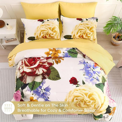Drucon Yellow Floral Comforter King Size 7 Pieces Bedding Sets Bed in a Bag, Botanical Floral Comforter with Sheet Set, Soft Microfiber Bedding Set for All Season(Yellow, 104"x90")