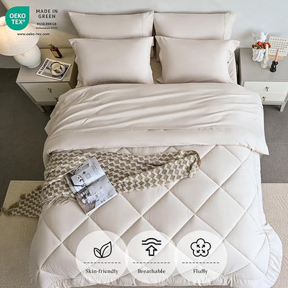 Newspin California King Comforter Set Beige - Bed in a Bag California King Size 8 Pieces, All Season Bed Set, Fluffy Comforter Set with Sheets, Sheet Set Quilt Blanket, Pillowcases & Shams & Bed Skirt