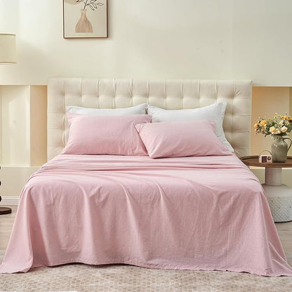 Simple&Opulence Belgian Linen Sheet Set Solid Color - 4 Pieces (1 Flat Sheet & 1 Fitted Sheet & 2 Pillowcases) Natural Flax Cotton Blend Soft Bedding Breathable Farmhouse - Pale Pink, Full Size