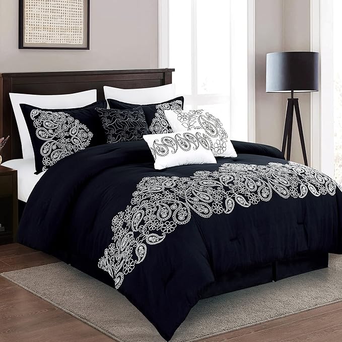 Chezmoi Collection Linz 7-Piece Black/White Paisley Floral Scroll Embroidered Comforter Set, Queen