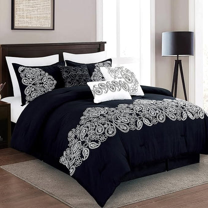 Chezmoi Collection Linz 7-Piece Black/White Paisley Floral Scroll Embroidered Comforter Set, Queen