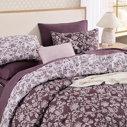 King Comforter Set -7 Pieces Floral Dark Purple Comforter Set for All Seasons, Bed in a Bag King with Botanical Flowers Comforter, Sheets, Pillowcases & Shams