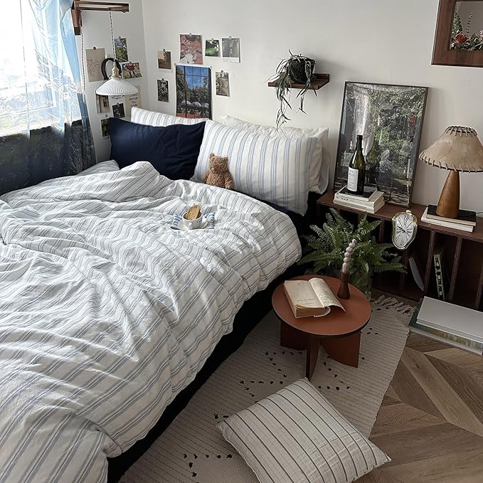 mixinni Vintage Light Blue & White Striped Comforter Set King Size - Soft Washed Cotton 3-Piece Bedding Set (1 Comforter + 2 Pillowcases), Retro Geometric Pattern, All-Season Breathable & Fluffy