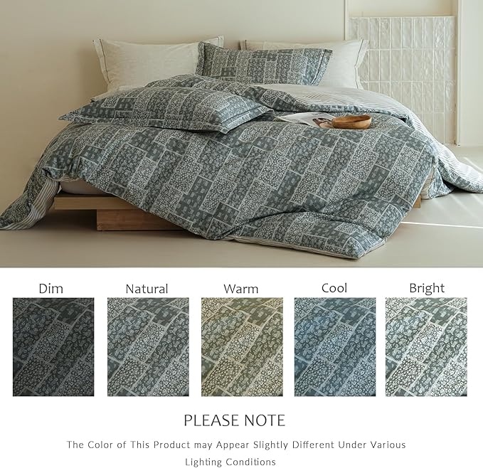 King Size Cotton Comforter Set, 3Pcs Blue Patchwork Duvet for All Seasons, Luxury Warmth Breathable Bedding Set with 1 Lightweight Comforter and 2 Pillow Shams