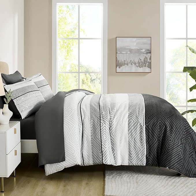 Drucon Black and Grey Comforter Set Queen Size 7 Piece Bed in a Bag, Boho Striped Bedding Set, Soft Microfiber Comforter and Sheet Set for All Season (Queen, 90"x90")