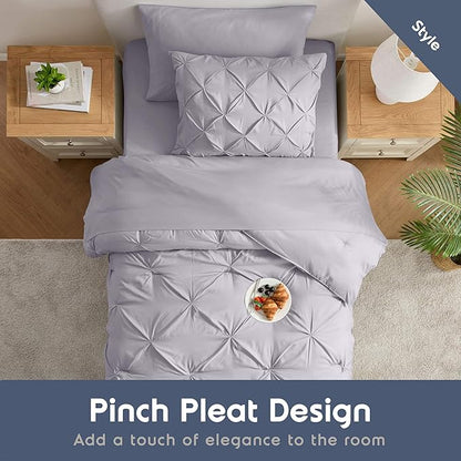 Nestl Twin XL Comforter Set 5 Piece - Pintuck Twin XL Bedding Set Grey Lavender, College Dorm Essentials Bed in a Bag, Twin XL Comforter Set for College Girls and Boys with Sheets, Pillowcase and Sham
