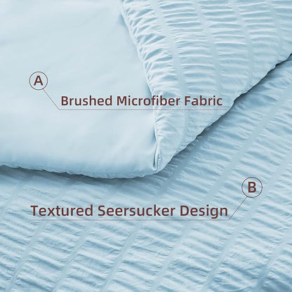 FUANNA Queen Comforter Set 7 Pieces, Luxury Seersucker Bed in a Bag Queen Size for All Seasons, Soft Bedding Set with Comforter, Flat Sheet, Fitted Sheet, Pillowcases & Shams for Bedroom, Light Blue