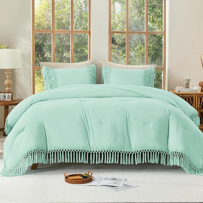 Andency Queen Comforter Set Mint, 3 Pieces Boho Lightweight Fall Bedding Comforter Sets, Tassel Bed Set (90x90In Comforter & 2 Pillowcases)