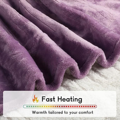 Heated Blanket Electric Throw Size 50''x60'' with 5 Heating Levels, 3 Hour Auto Shut Off, Machine Washable, Flannel & Sherpa Double-Sided Soft Warming Blanket for Couch, Bed, Office - Purple