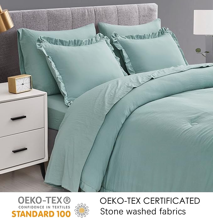 Chezmoi Collection Nora Aqua Comforter Set Full Size 3-Piece Fluffy Soft Lightweight Bedding Ruffled Edge Trim Stone-Washed Microfiber Comforter Set for All Season