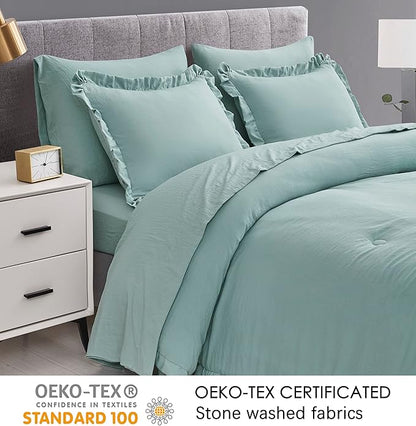 Chezmoi Collection Nora Aqua Comforter Set Full Size 3-Piece Fluffy Soft Lightweight Bedding Ruffled Edge Trim Stone-Washed Microfiber Comforter Set for All Season