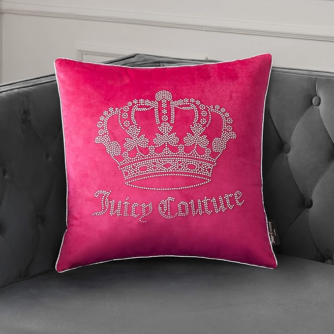 Juicy Couture Square 1-Piece Living Room and Bedroom Décor, Premium Throw Pillow, 20"x20", Hot Pink Rhinestone Crown