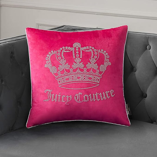 Juicy Couture Square 1-Piece Living Room and Bedroom Décor, Premium Throw Pillow, 20"x20", Hot Pink Rhinestone Crown