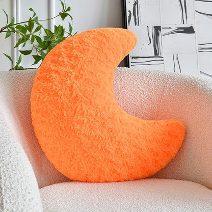 Moon Shaped Pillow with Soft Faux Fur for Couch, Bed, Sofa - Cute Half Moon Pillows with Room Decor for Bedroom, Living Room (14.9 Inches, Orange)