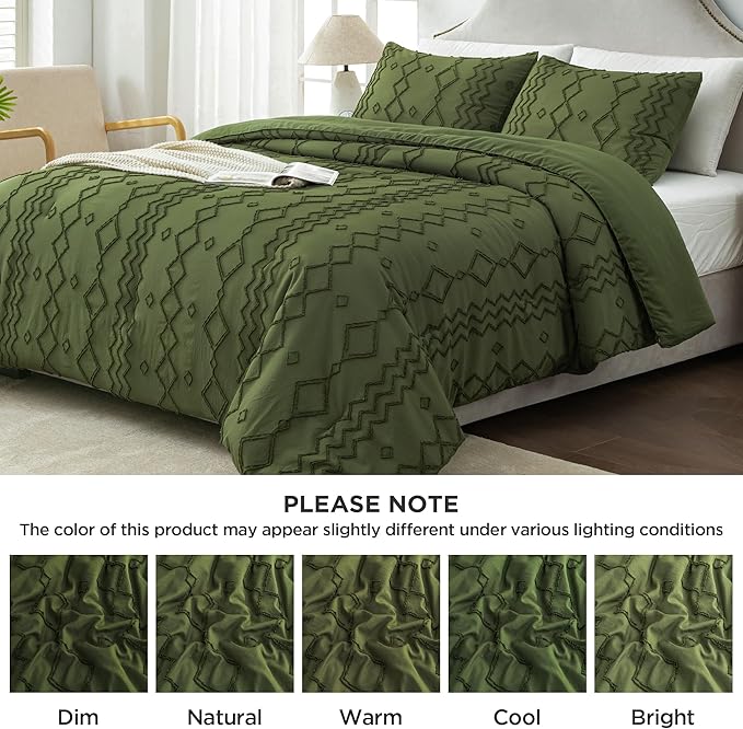 Andency Olive Green Tufted Comforter Set King(104x90Inch), 3 Pieces Boho Textured Farmhouse Bed, Soft Microfiber Down Alternative Geometric Bed Set with 2 Pillowcases