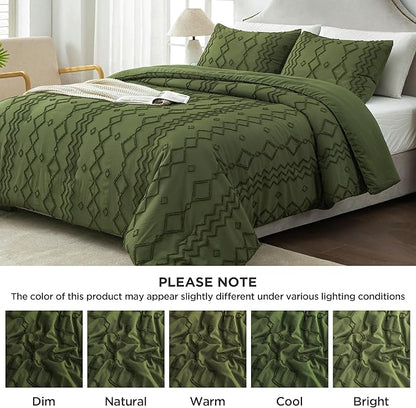 Andency Olive Green Tufted Comforter Set Queen(90x90Inch), 3 Pieces(1 Boho Comforter, 2 Pillowcases) Textured Farmhouse Bed, Soft Microfiber Down Alternative Geometric Bedding Set