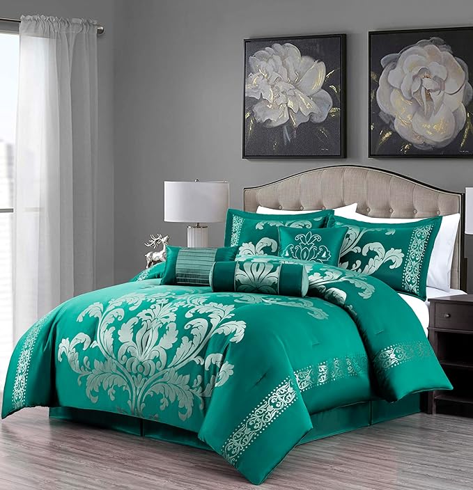 Chezmoi Collection 7-Piece Jacquard Floral Comforter Set (California King, Green/Silver)