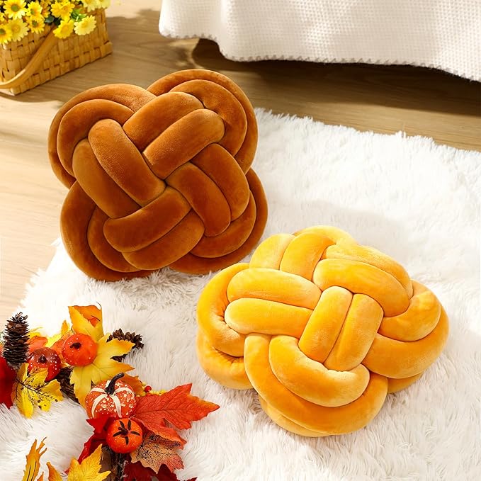 2 Pcs Knot Pillow Balls Set, 12 Inch Soft Decorative Throw Knot Pillow Ball, Large Square Knotted Floor Cushion for Living Room Bedroom Sofa Couch Bed Home Decoration (Caramel Brown, Turmeric)