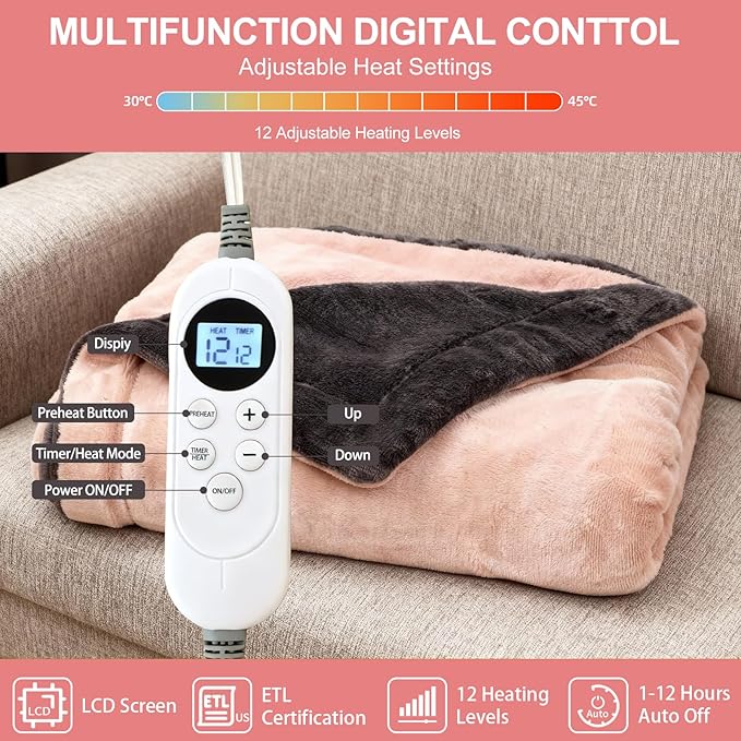 Electric Heated Blanket Throw 50" x 60" Soft Dual-Sided Flannel Fast Heating 12 Heat Levels 1–12H Timer & Overheat Protection & Auto Shut-Off & Machine Washable (Peach Pink & Gray)