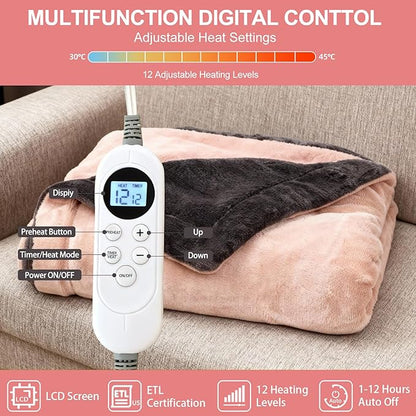 Electric Heated Blanket Throw 50" x 60" Soft Dual-Sided Flannel Fast Heating 12 Heat Levels 1–12H Timer & Overheat Protection & Auto Shut-Off & Machine Washable (Peach Pink & Gray)