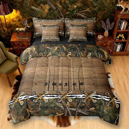 Erosebridal Camo Cabin Queen Comforter Set with Sheets | Fishing Pole 7 Piece Bedding Set Mens Country Camouflage Bed in a Bag, Woodland Animals Room Decor,Hunting Rustic Farmhouse Decor Camo Bed Set