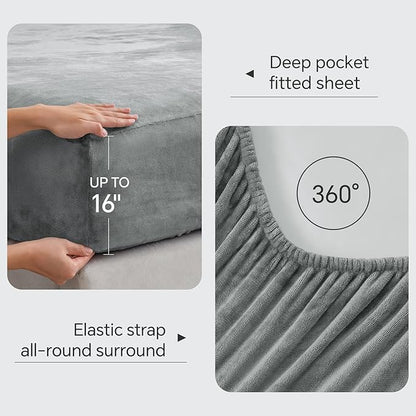 BEDELITE Flannel Sheets Full Size Grey - Super Soft Fleece Sheets Set Fluffy Extra Plush, 4 Piece(Include Fitted Sheet, Flat Sheet, 2 Pillowcases)