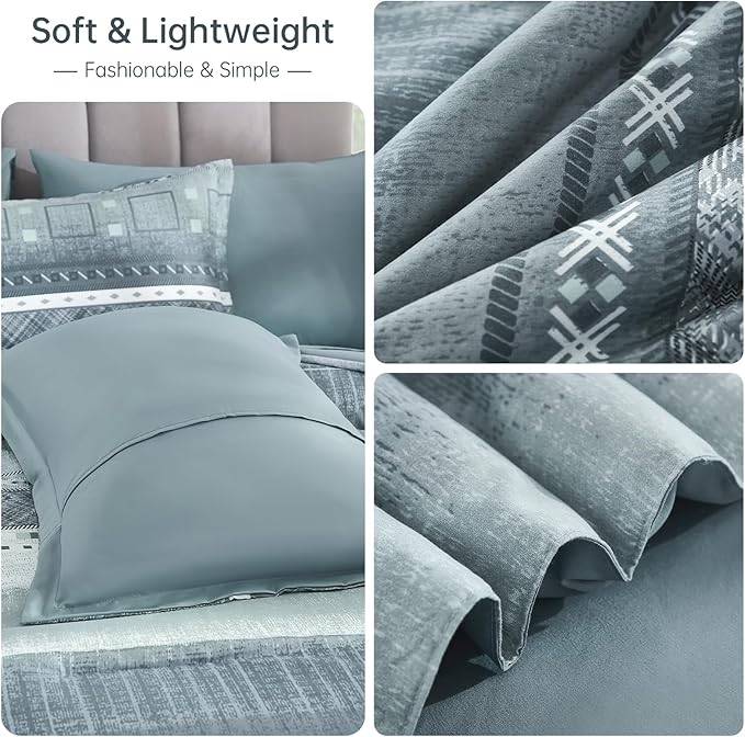 WONGS BEDDING 8 Piece Queen Size Comforter Set, Blue Striped Bed in a Bag Comforter and Sheet Set, Boho Lightweight Microfiber Bedding Set for All Season (90"×90")