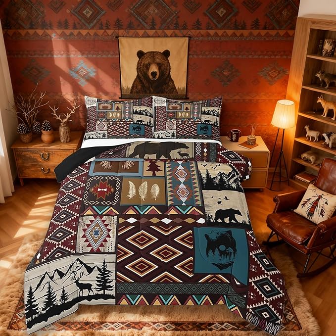 Western Boho Queen Comforter Set,Vintage Aztec Quilt Ethnic Tribal Arrow Reindeer Bear Bedding Set Country Decor Patchwork Style Duvet Insert,Western Home Decor Rustic Home Decor Farmhouse Decor