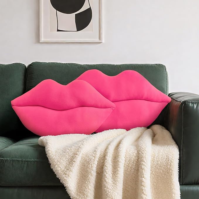 AELS 3D Large Lips Throw Pillows, Set of 2, Soft Decorative Love Pillows, Velvet Cute Pillow for Couch, Sofa, Bed, Living Room, Bedroom, Vivid Pink