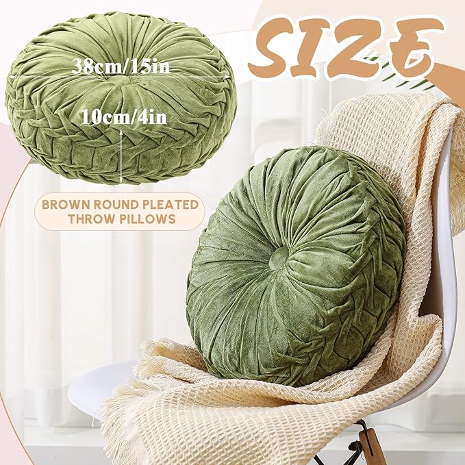 1 Pcs Round Throw Pillows Decorative Velvet Pleated Throw Pillows 15'' Diameter Accent Pumpkin Boho Chair Cushion for Couch Sofa Chair Bed Home Decoration (Green)